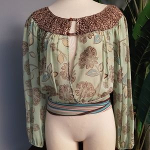 100% silk Teal and Brown sheer long sleeve blouse by BCBG